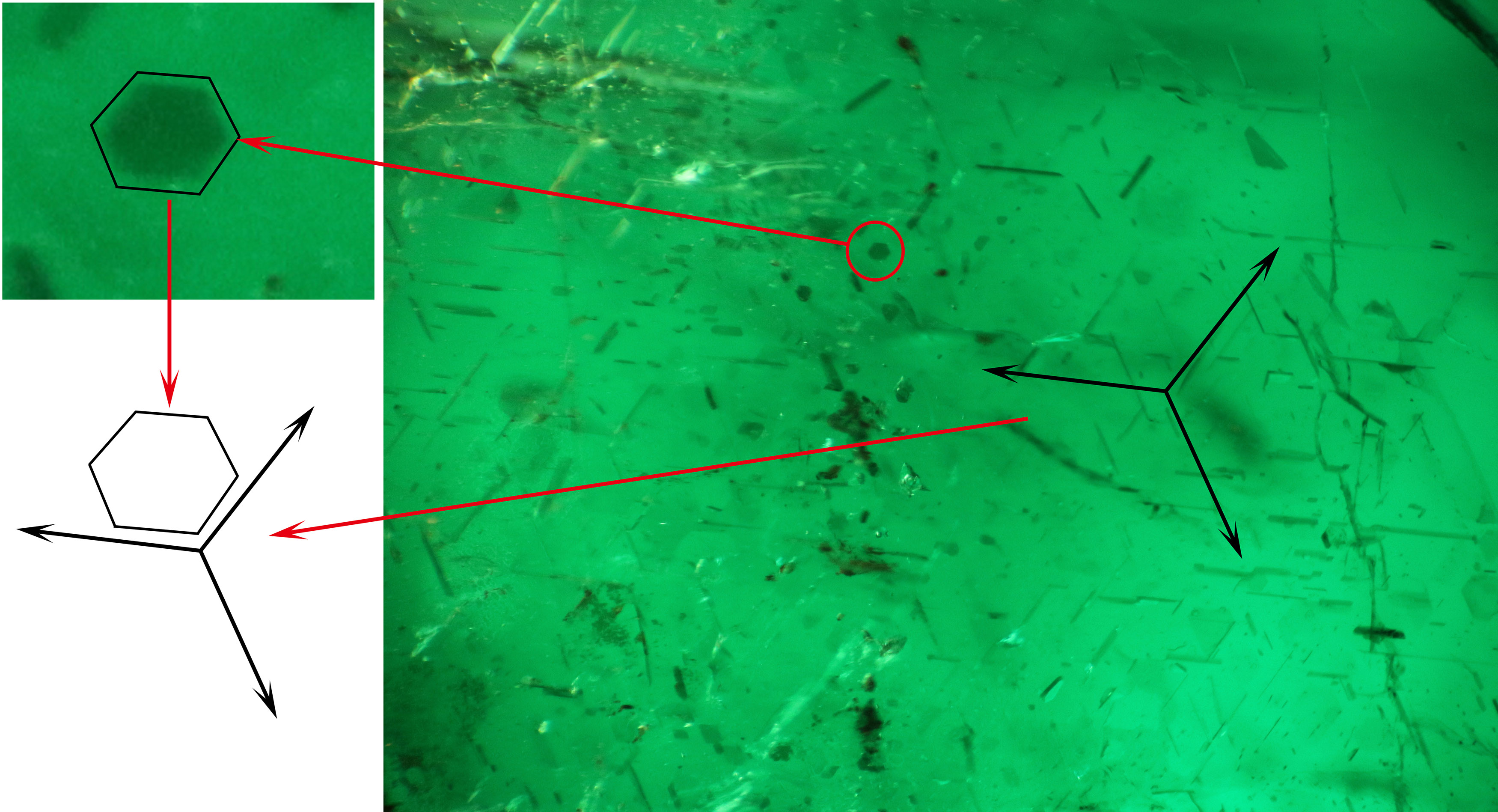 Figure 3-1. Hexagonal inclusions of emerald in the basal plane, of which sides are parallel to the orientation of platy inclusion described in figure 2. Photo and illustrated by Yujie Gao-2 拷贝.jpg